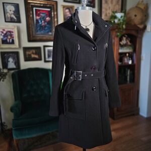 Vedat Istanbul Trench Coat Black Wool Blend Belted Hooded Winter Jacket Women 42